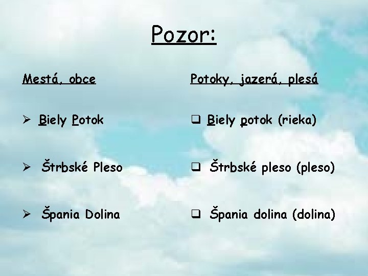 Pozor: Mestá, obce Potoky, jazerá, plesá Ø Biely Potok q Biely potok (rieka) Ø