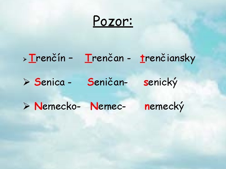 Pozor: Ø Trenčín – Ø Senica - Trenčan - trenčiansky Seničan- Ø Nemecko- Nemec-