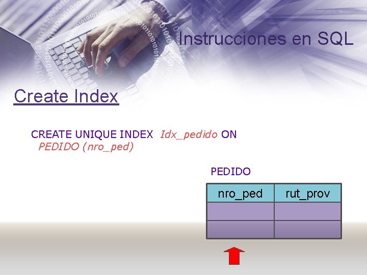 Instrucciones en SQL Create Index CREATE UNIQUE INDEX Idx_pedido ON PEDIDO (nro_ped) PEDIDO nro_ped