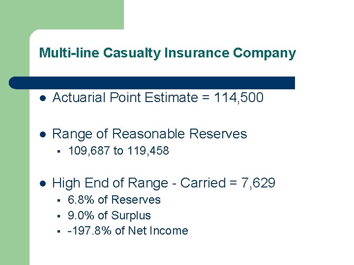 Multi-line Casualty Insurance Company l Actuarial Point Estimate = 114, 500 l Range of