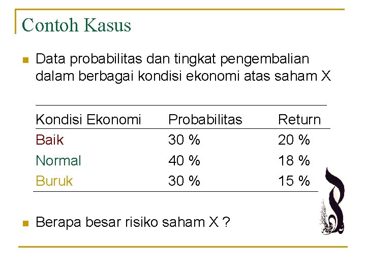 Contoh Kasus n Data probabilitas dan tingkat pengembalian dalam berbagai kondisi ekonomi atas saham