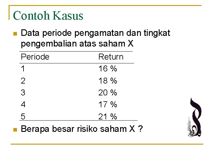 Contoh Kasus n Data periode pengamatan dan tingkat pengembalian atas saham X Periode 1