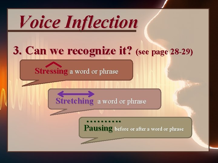 Voice Inflection 3. Can we recognize it? (see page 28 -29) Stressing a word