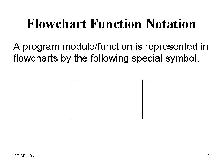 Flowchart Function Notation A program module/function is represented in flowcharts by the following special