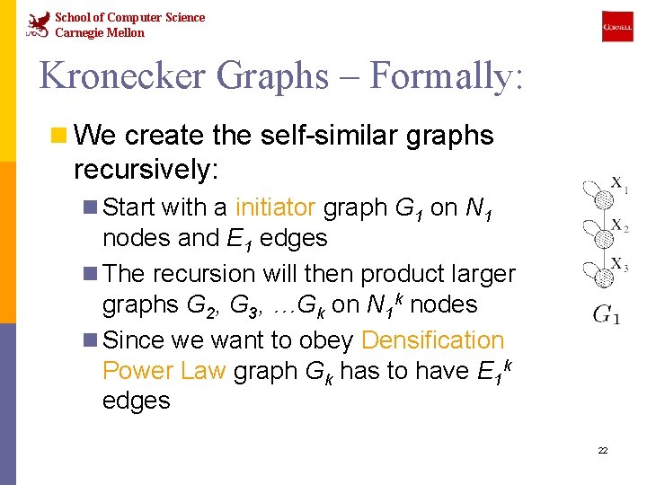 School of Computer Science Carnegie Mellon Kronecker Graphs – Formally: n We create the