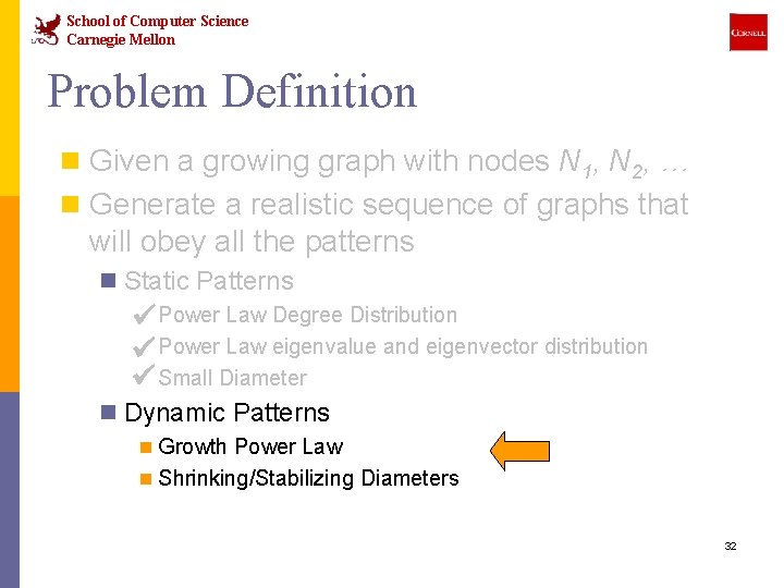 School of Computer Science Carnegie Mellon Problem Definition n Given a growing graph with