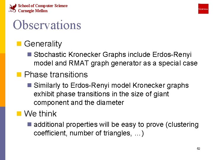 School of Computer Science Carnegie Mellon Observations n Generality n Stochastic Kronecker Graphs include