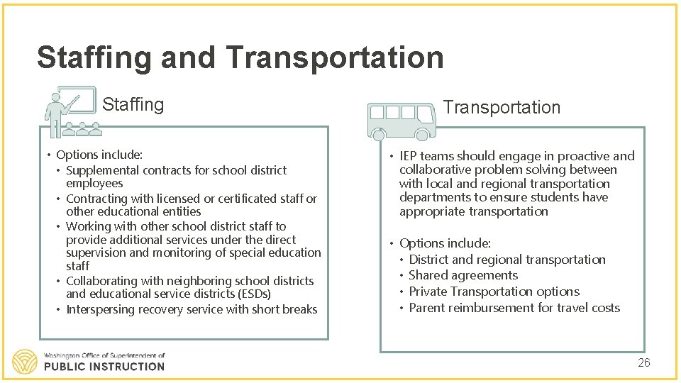 Staffing and Transportation Staffing • Options include: • Supplemental contracts for school district employees