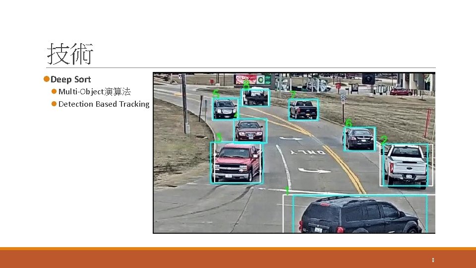 技術 l. Deep Sort l Multi-Object演算法 l Detection Based Tracking 8 