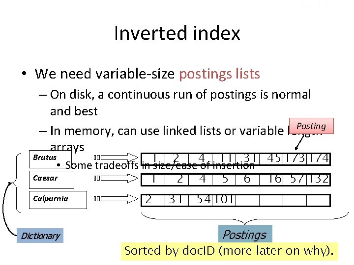 Sec. 1. 2 Inverted index • We need variable-size postings lists – On disk,