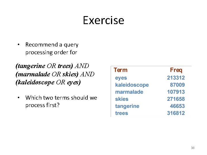 Exercise • Recommend a query processing order for (tangerine OR trees) AND (marmalade OR