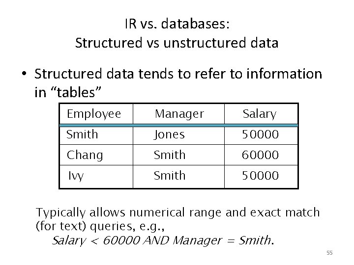 IR vs. databases: Structured vs unstructured data • Structured data tends to refer to