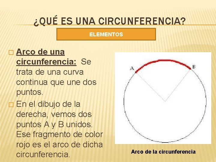 ¿QUÉ ES UNA CIRCUNFERENCIA? ELEMENTOS Arco de una circunferencia: Se trata de una curva