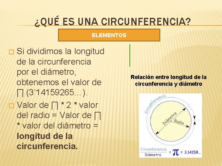 ¿QUÉ ES UNA CIRCUNFERENCIA? ELEMENTOS Si dividimos la longitud de la circunferencia por el