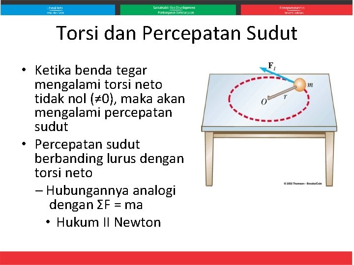 Torsi dan Percepatan Sudut • Ketika benda tegar mengalami torsi neto tidak nol (≠