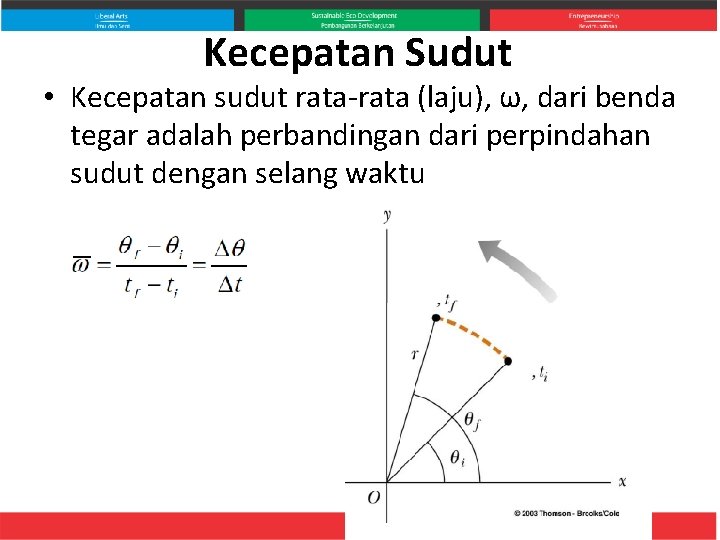 Kecepatan Sudut • Kecepatan sudut rata-rata (laju), ω, dari benda tegar adalah perbandingan dari