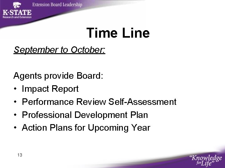 Time Line September to October: Agents provide Board: • Impact Report • Performance Review