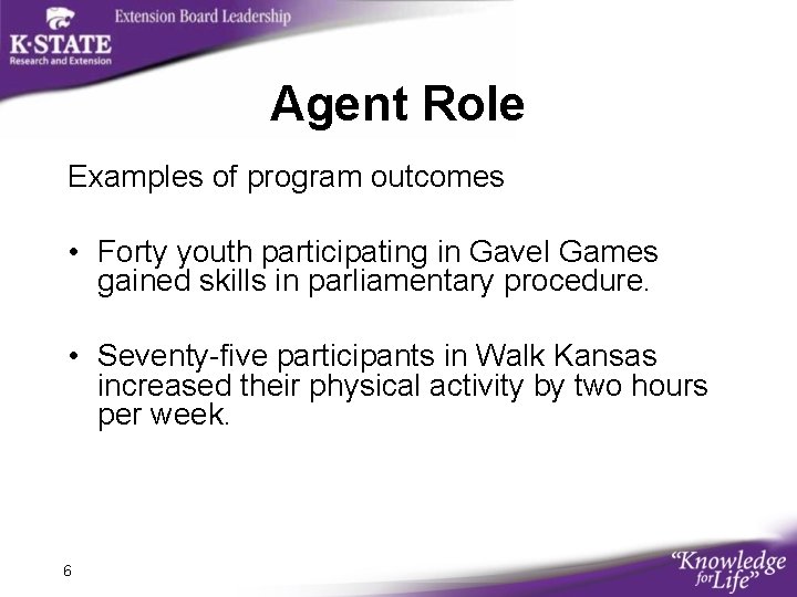 Agent Role Examples of program outcomes • Forty youth participating in Gavel Games gained