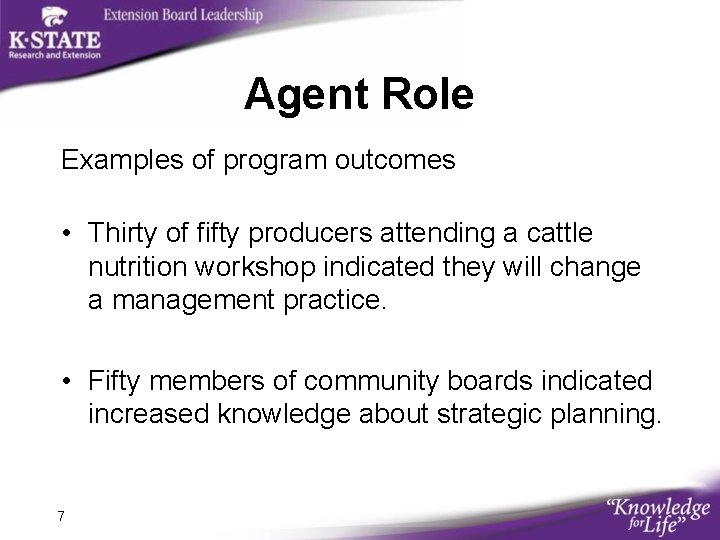 Agent Role Examples of program outcomes • Thirty of fifty producers attending a cattle