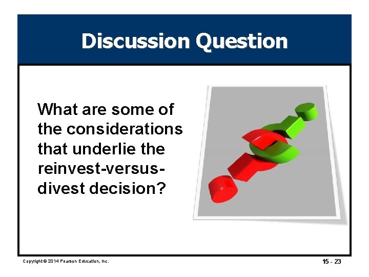 Discussion Question What are some of the considerations that underlie the reinvest-versusdivest decision? Copyright Discussion Question What are some of the considerations that underlie the reinvest-versusdivest decision? Copyright