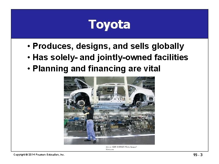Toyota • Produces, designs, and sells globally • Has solely- and jointly-owned facilities • Toyota • Produces, designs, and sells globally • Has solely- and jointly-owned facilities •