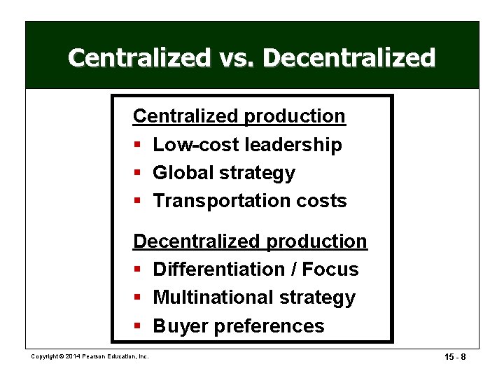 Centralized vs. Decentralized Centralized production § Low-cost leadership § Global strategy § Transportation costs Centralized vs. Decentralized Centralized production § Low-cost leadership § Global strategy § Transportation costs
