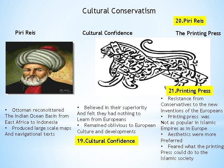 Cultural Conservatism 20. Piri Reis Cultural Confidence The Printing Press 21. Printing Press •