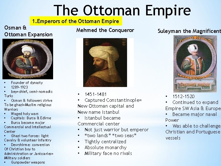 The Ottoman Empire 1. Emperors of the Ottoman Empire Osman & Ottoman Expansion •