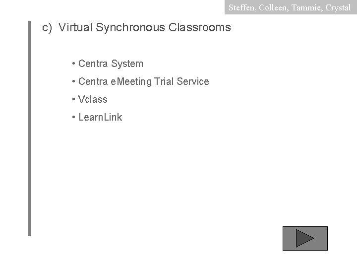 Steffen, Colleen, Tammie, Crystal c) Virtual Synchronous Classrooms • Centra System • Centra e.