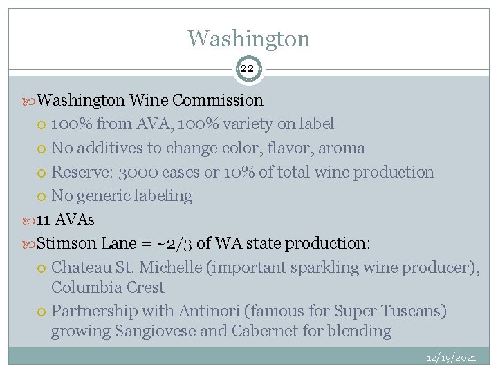 Washington 22 Washington Wine Commission 100% from AVA, 100% variety on label No additives