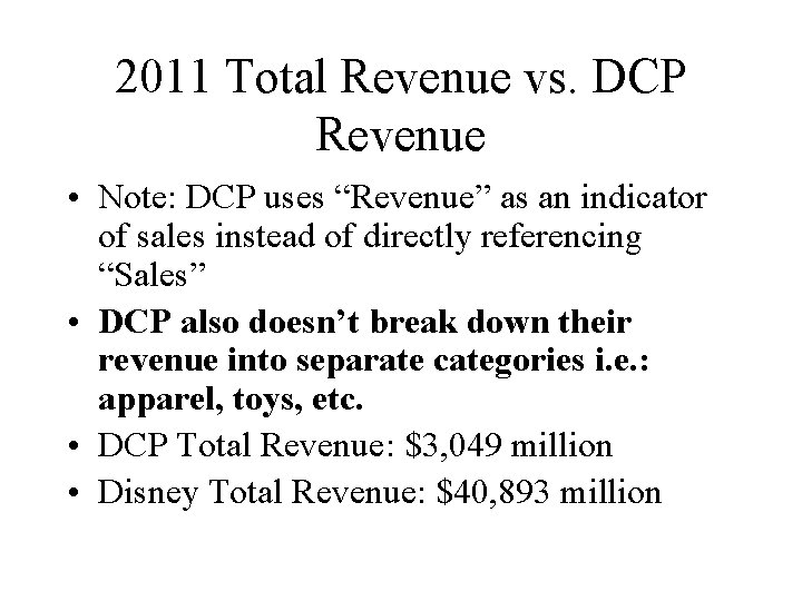 2011 Total Revenue vs. DCP Revenue • Note: DCP uses “Revenue” as an indicator