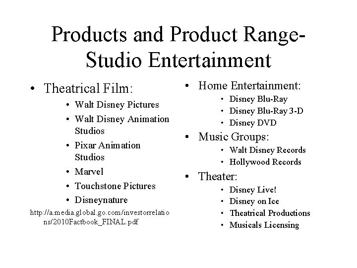 Products and Product Range. Studio Entertainment • Theatrical Film: • Walt Disney Pictures •