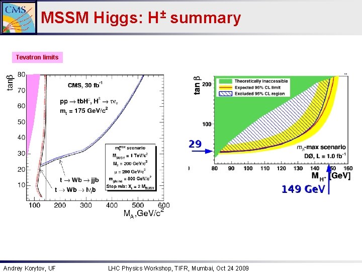 MSSM Higgs: H± summary Tevatron limits Andrey Korytov, UF LHC Physics Workshop, TIFR, Mumbai,