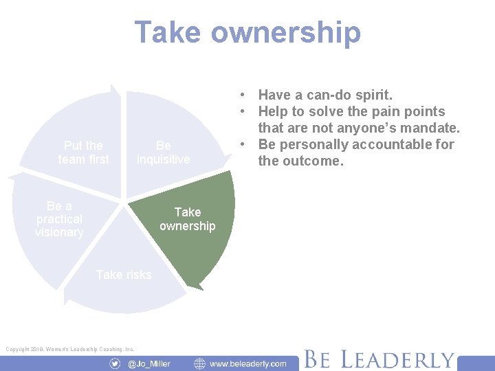 Take ownership Put the team first Be inquisitive Be a practical visionary Take ownership