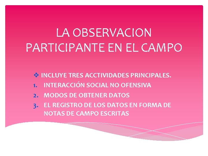 LA OBSERVACION PARTICIPANTE EN EL CAMPO v INCLUYE TRES ACCTIVIDADES PRINCIPALES. 1. INTERACCIÓN SOCIAL