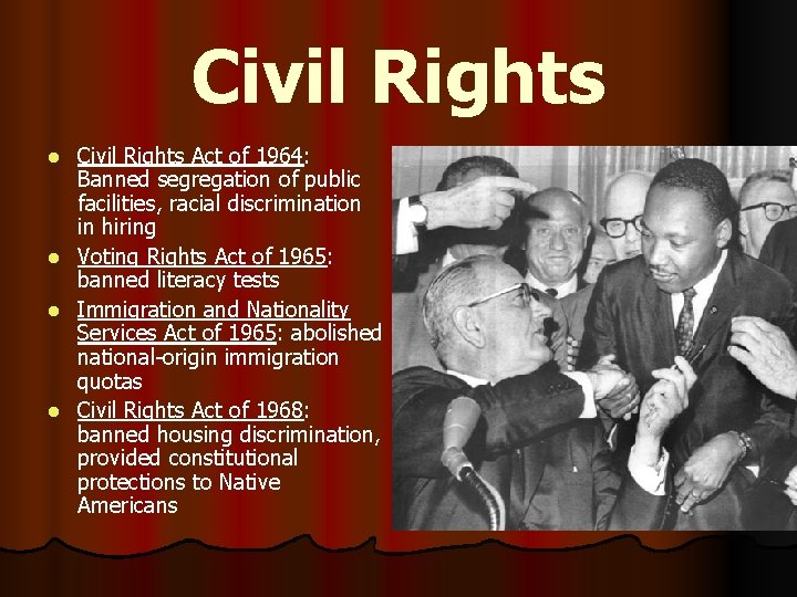 Civil Rights Act of 1964: Banned segregation of public facilities, racial discrimination in hiring