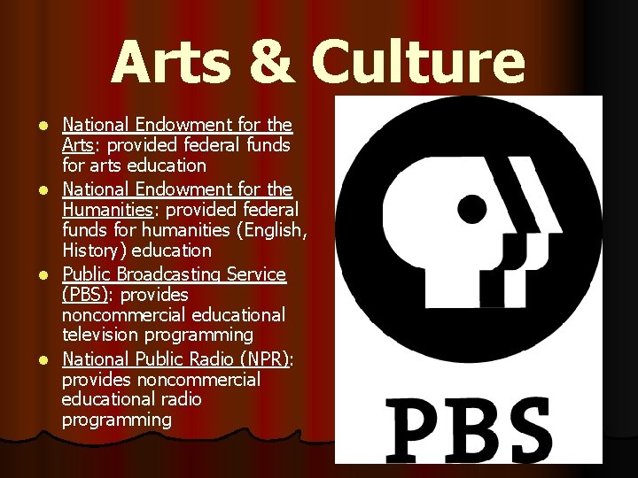 Arts & Culture National Endowment for the Arts: provided federal funds for arts education