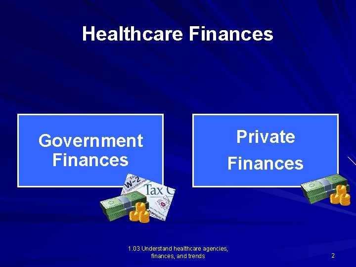 Healthcare Finances Government Finances Private Finances 1. 03 Understand healthcare agencies, finances, and trends