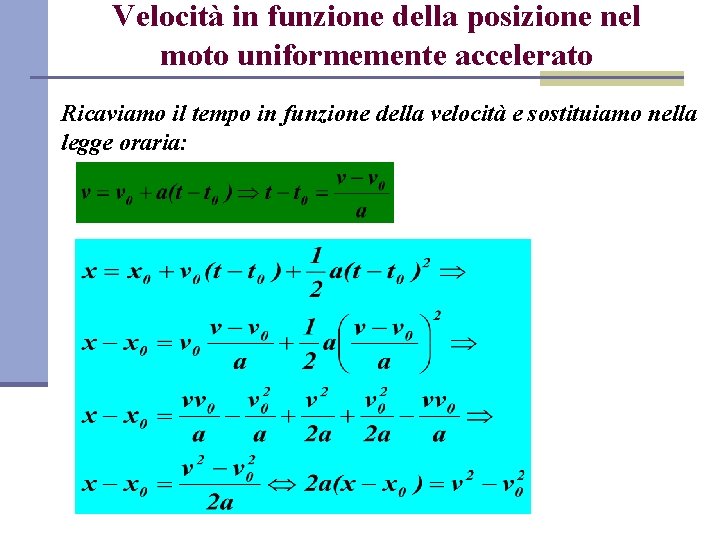 Velocità in funzione della posizione nel moto uniformemente accelerato Ricaviamo il tempo in funzione