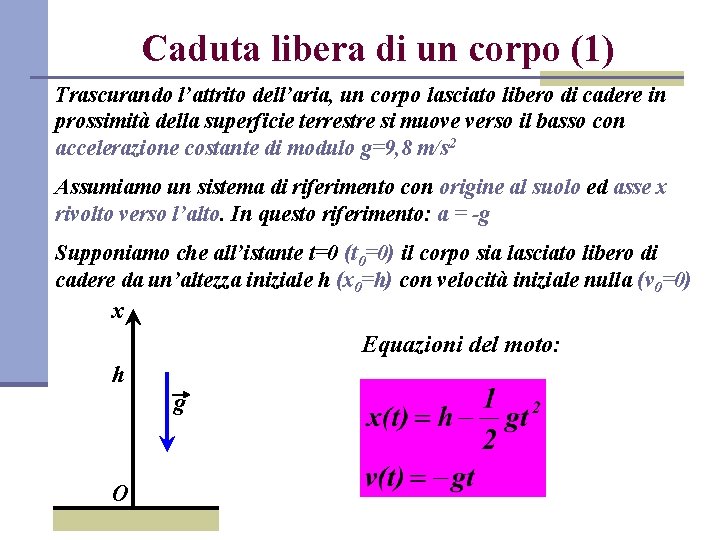 Caduta libera di un corpo (1) Trascurando l’attrito dell’aria, un corpo lasciato libero di