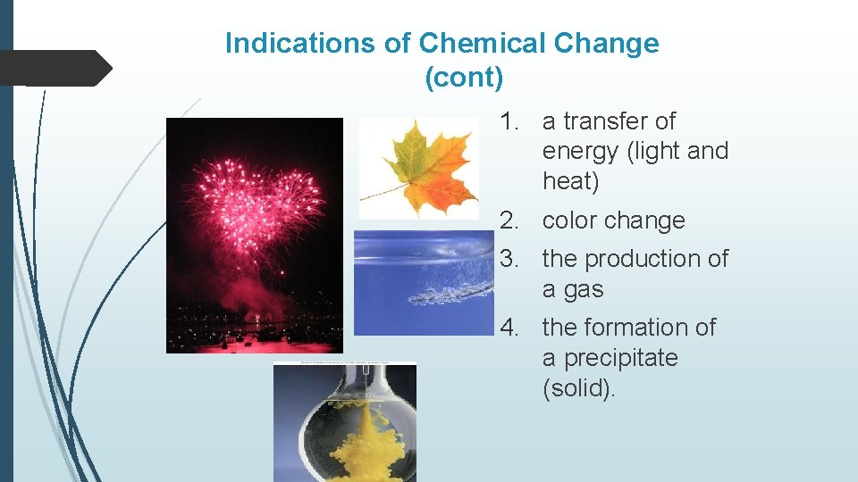 Indications of Chemical Change (cont) 1. a transfer of energy (light and heat) 2.