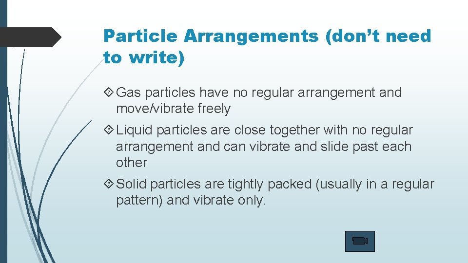 Particle Arrangements (don’t need to write) Gas particles have no regular arrangement and move/vibrate