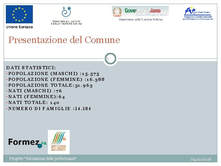 Presentazione del Comune 5 DATI STATISTICI: • POPOLAZIONE (MASCHI) : 15. 575 • POPOLAZIONE