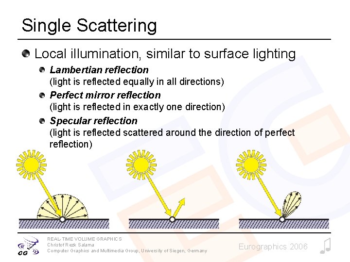 Single Scattering Local illumination, similar to surface lighting Lambertian reflection (light is reflected equally