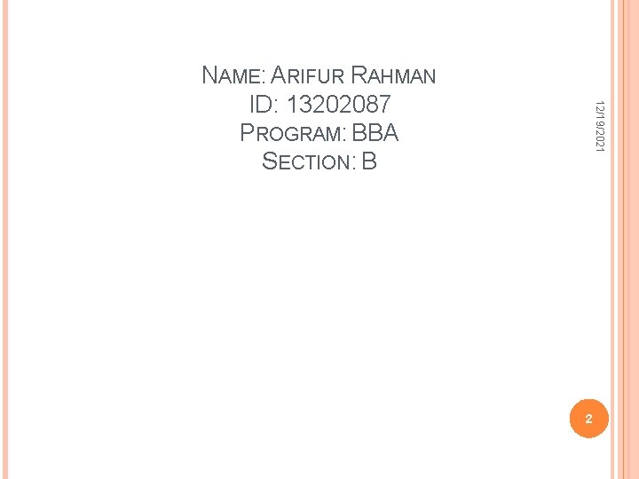 12/19/2021 NAME: ARIFUR RAHMAN ID: 13202087 PROGRAM: BBA SECTION: B 2 