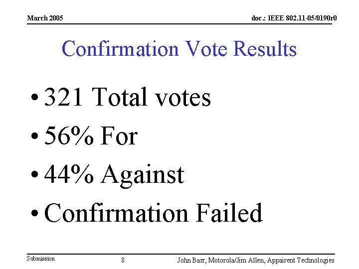 March 2005 doc. : IEEE 802. 11 -05/0190 r 0 Confirmation Vote Results •