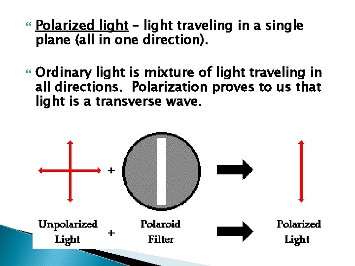 Polarized light – light traveling in a single plane (all in one direction). Polarized light – light traveling in a single plane (all in one direction).