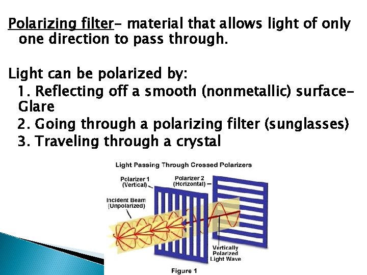 Polarizing filter- material that allows light of only one direction to pass through. Light Polarizing filter- material that allows light of only one direction to pass through. Light