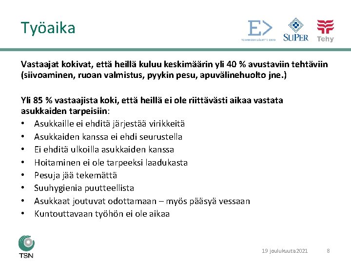 Työaika Vastaajat kokivat, että heillä kuluu keskimäärin yli 40 % avustaviin tehtäviin (siivoaminen, ruoan