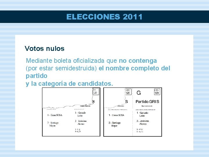 ELECCIONES 2011 Votos nulos Mediante boleta oficializada que no contenga (por estar semidestruida) el